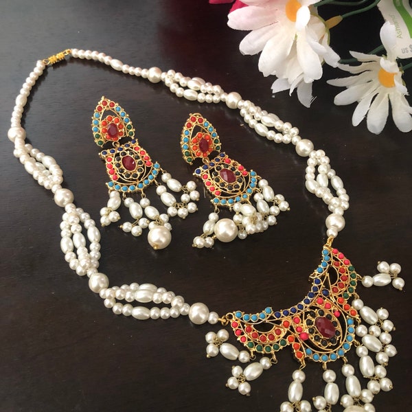 Hyderabadi jewelry, indian jewelry, pakistani jewelry,Hyderabadi set, gold plated jewelry, naratan set, multi set, necklace set,pendant set,