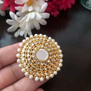 Kundan Ring: Gold Plated Adjustable Pearl Finger Band