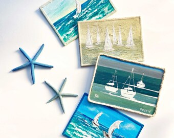 5''x7''Destin Beach Seascape Painting: Small Sailboat Art, Textured Canvas (5x7)