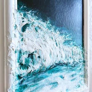 Textured Ocean Wave Painting: 3D Impasto Art, Framed Landscape (14x17)