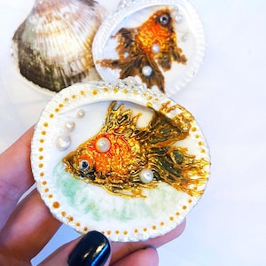 Painted Seashell Ring Dish: Goldfish Jewelry Holder, Florida Sunshine Art by Mariana