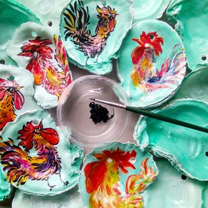 Hand Painted Rooster Oyster Ornament: Coastal Farmhouse Decor