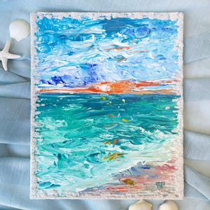 Abstract Ocean Sunrise Painting: 8x10 Original Seascape Wall Art