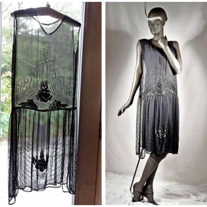 1920s Flapper Dress Beaded Silk Chiffon Black Made in France Sz 6-8 #1077