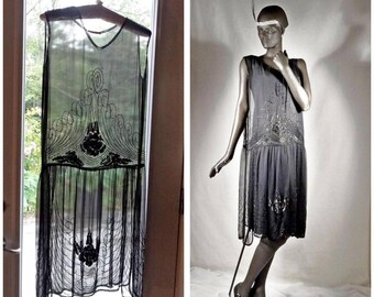 1920s Flapper Dress Beaded Silk Chiffon Black Made in France Sz 6-8 #1077