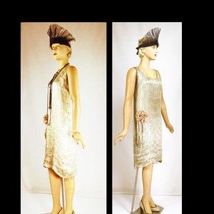 1920s Gold Lamé Silk Flapper Evening Dress With Deco Beaded Fringe Sz 6 #1559