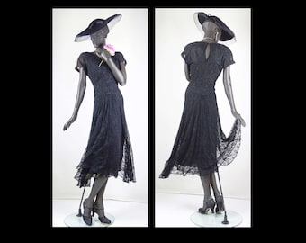 1930s or 1940s Black Lace Deco Evening Dress with Slip Sz 8-10 #1565AB