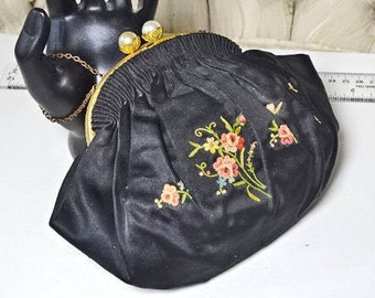 Edwardian rose embroidered black silk satin evening bag hand made in France