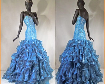 Teal blue Prom Dress Evening Gown Flamenco Dress Beads Sequins Sz 12 #2136