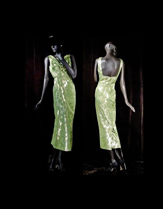 1940s 1950s 1960s Evening Gown Green Brocade and G