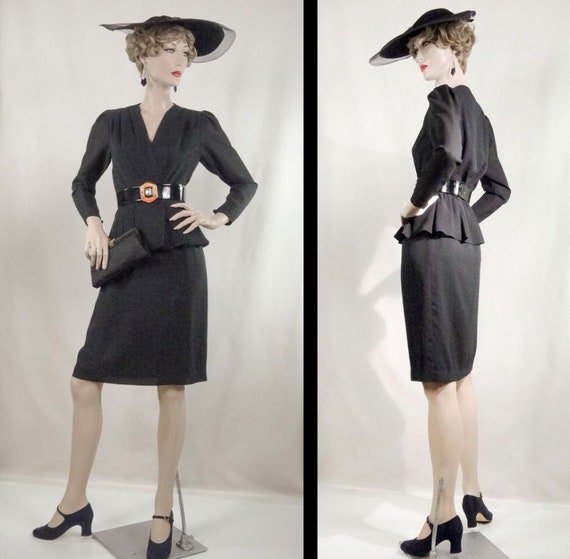 1940s 1950s Black New Look Pleated Peplum Cocktai… - image 1