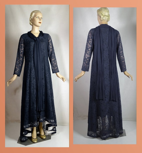 1930s Style Deco Evening Dress in Navy Blue Lace w
