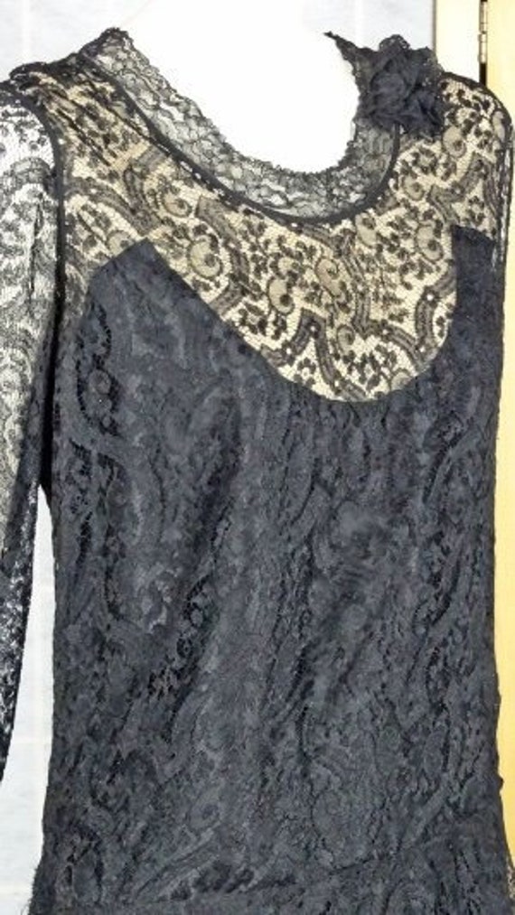 1930s Evening Gown Black Silk Lace with Nude and B