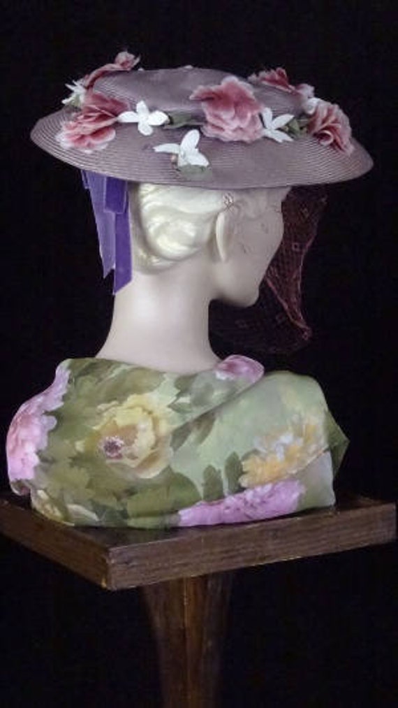 1940s Elegant Purple Platter Hat with Magenta Veil