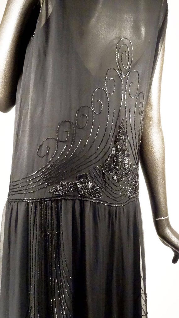 1920s Flapper Dress Beaded Silk Chiffon Black Mad… - image 5