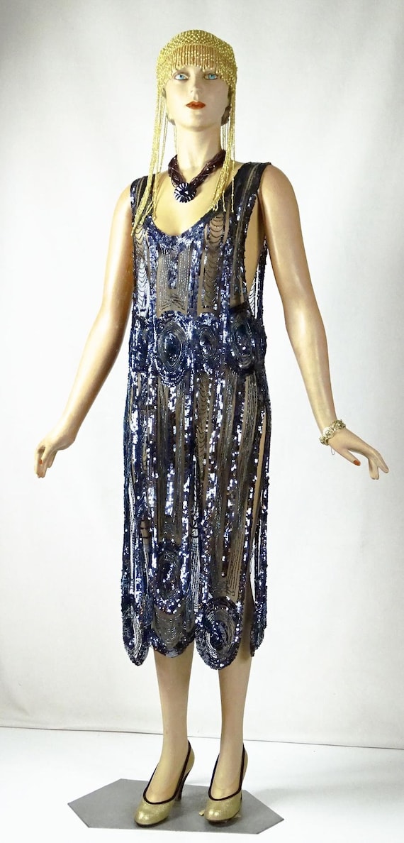 Original 1920s Flapper Beaded and Sequin Iridescent Blue Evening Dress Sz  4-6 #1557