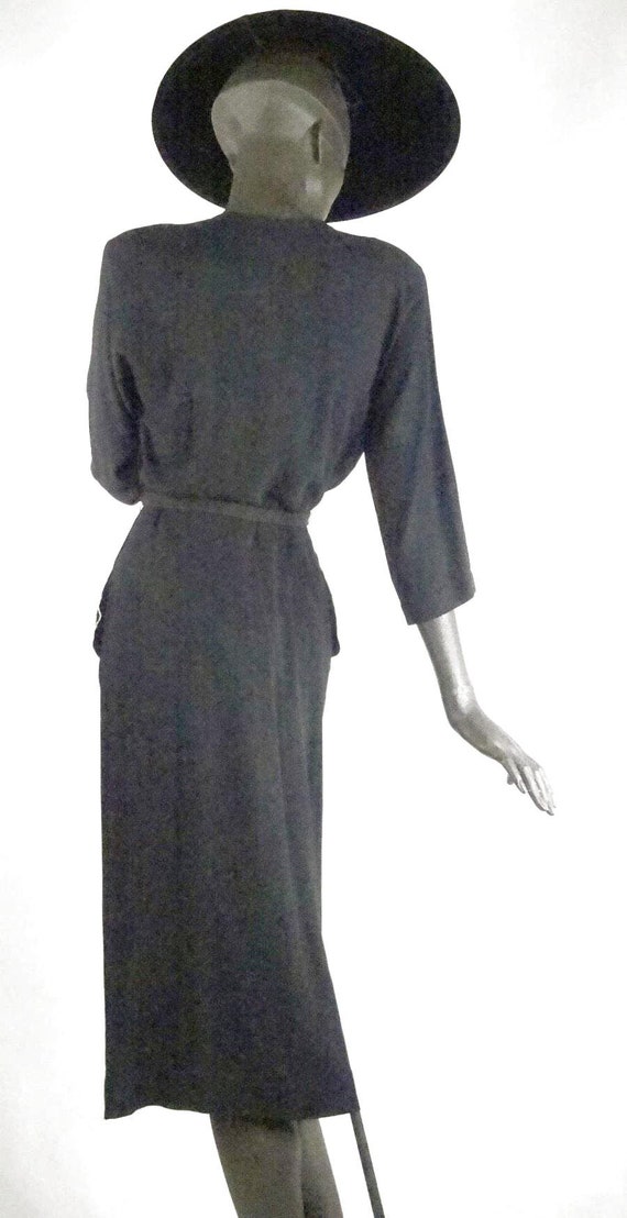 1940s Black belted rayon evening dress with beadi… - image 3