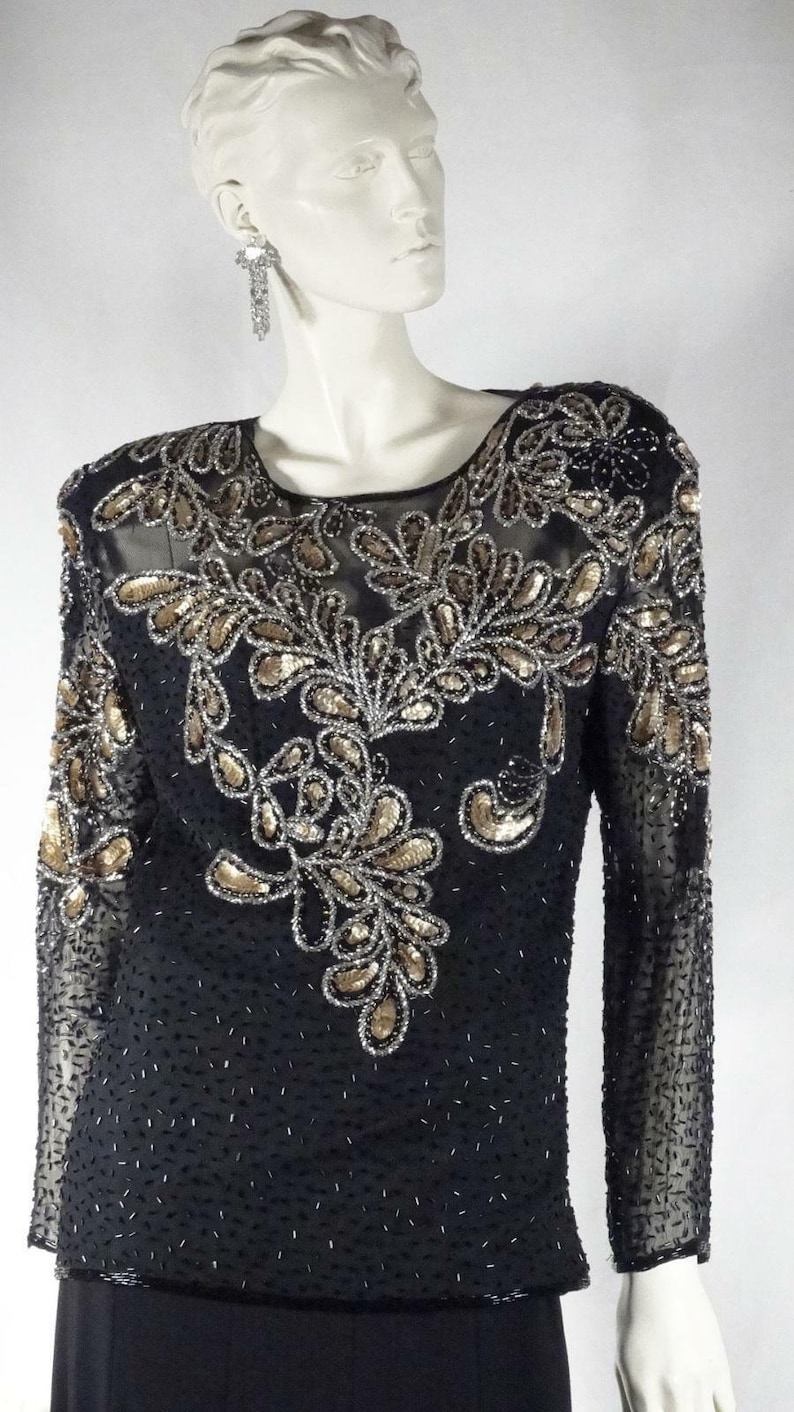 1940s Style Evening Blouse Tunic Black and Gold Silk Sequins Beads Sz 14 #1270