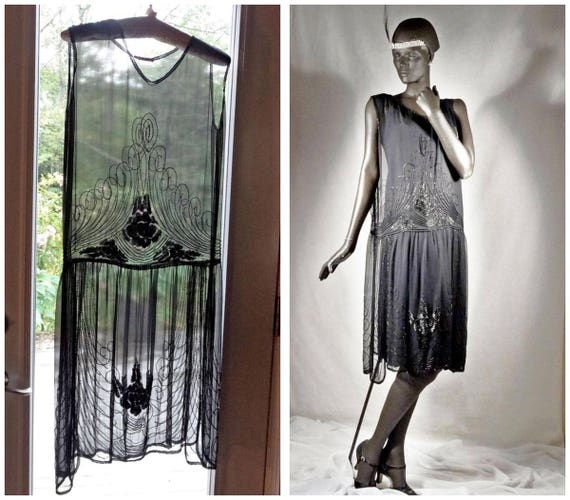1920s Flapper Dress Beaded Silk Chiffon Black Mad… - image 1