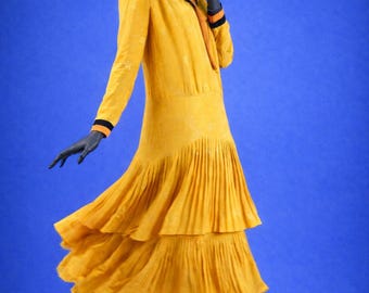1920s Flapper Day Dress Pleated Silk Drop Waist Goldenrod Yellow Sz 4-6 #1549