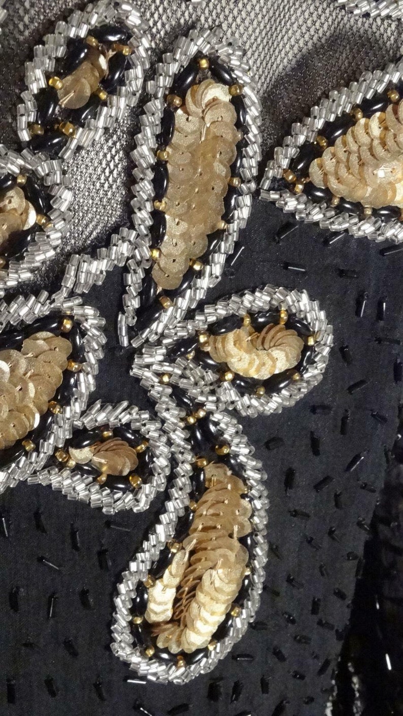 1940s Style Evening Blouse Tunic Black and Gold Silk Sequins Beads Sz 14 #1270