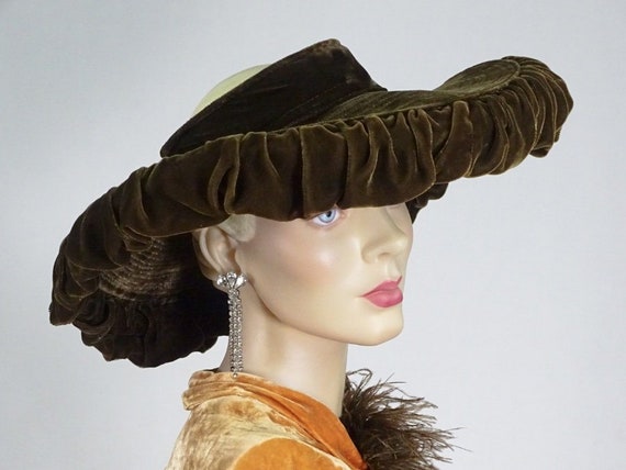 1930s Hat Cappuccino Brown Silk Velvet Wide Brim … - image 7