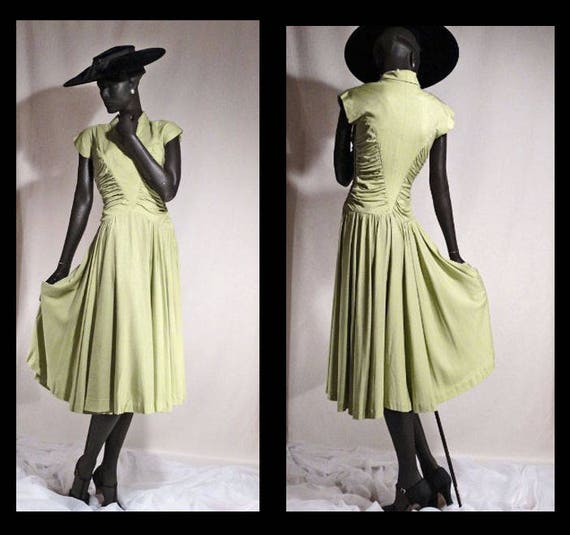 1940s Dress Soft Chartreuse Green Rayon Silk Full… - image 1