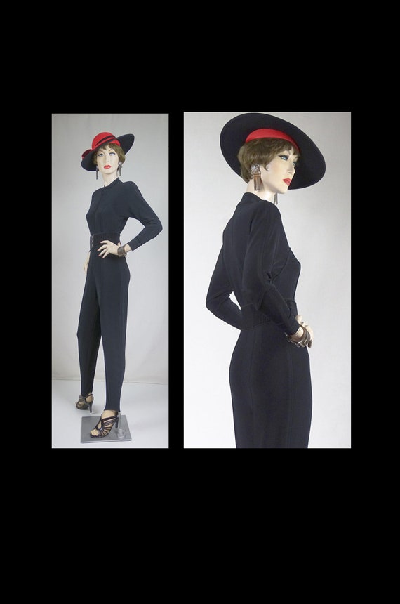 1960s 1970s Black Cotton Blend Jumpsuit and Belt … - image 1