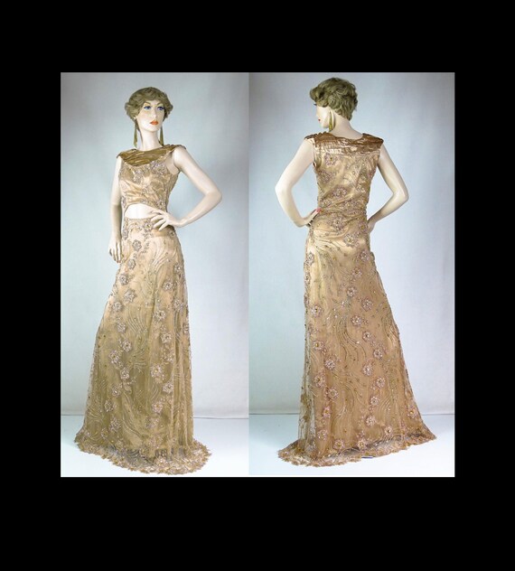 1930s Style Evening Gown Glittering Taupe Beaded S