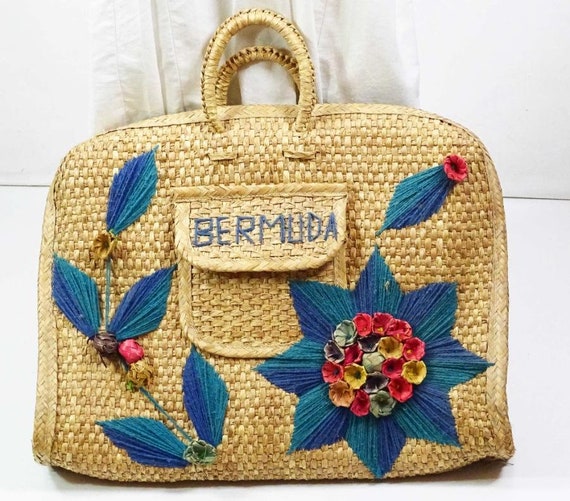 1940s 1950s Woven Straw Beach Bag with Pink and Bl