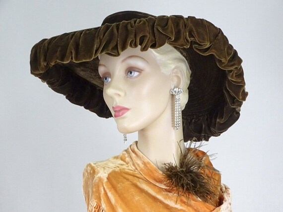 1930s Hat Cappuccino Brown Silk Velvet Wide Brim … - image 2