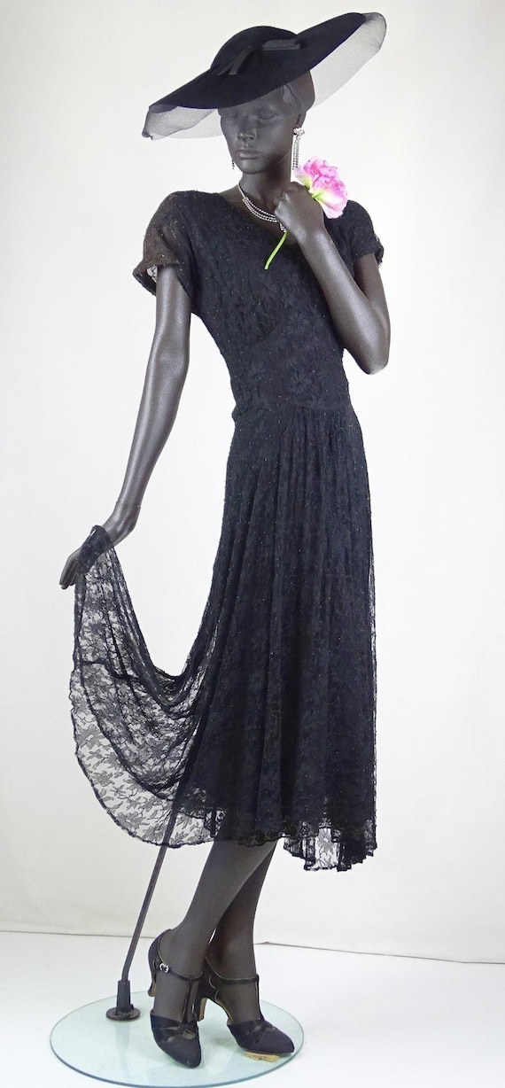 1930s or 1940s Black Lace Deco Evening Dress with… - image 2