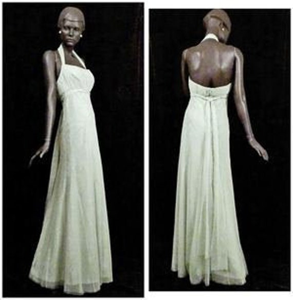 1930s 1940s Style Evening Gown Green Satin Chiffon