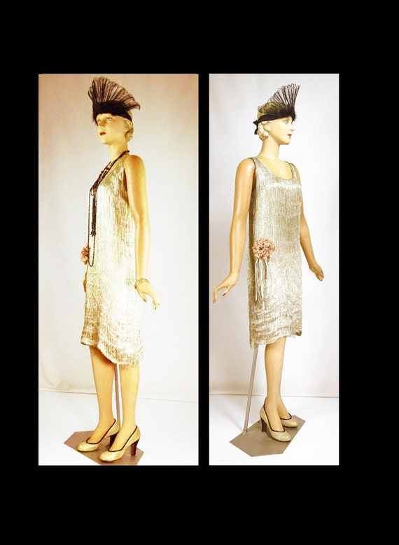 1920s Gold Lame Silk Flapper Evening Dress With Deco Beaded Fringe Sz 6 1559 Etsy