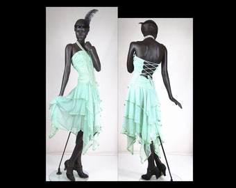 1920s Style Blue Green Chiffon Handkerchief Dress Sz 12-14 #1578