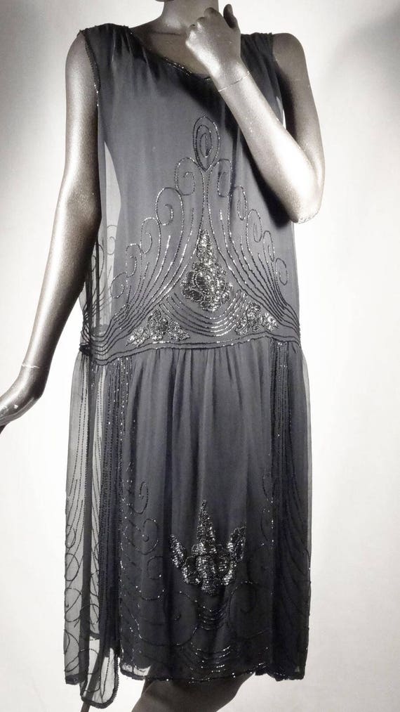 1920s Flapper Dress Beaded Silk Chiffon Black Mad… - image 2