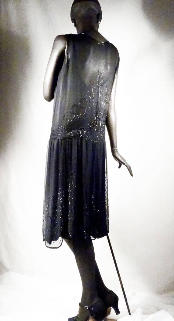 1920s Flapper Dress Beaded Silk Chiffon Black Mad… - image 6