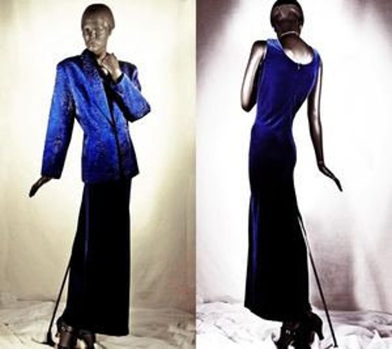 1940s Style Evening Dress Blue Velvet Sheath Satin