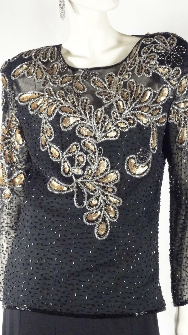 1940s Style Evening Blouse Tunic Black and Gold Silk Sequins Beads Sz 14 #1270