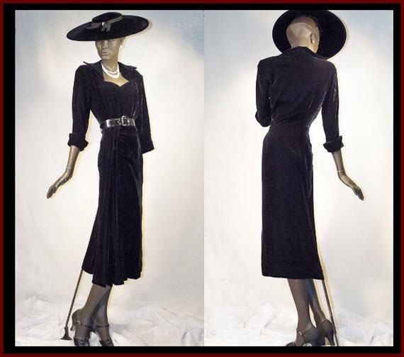 1940s Dress Black Silk Velvet Bias Cut Wiggle Dres