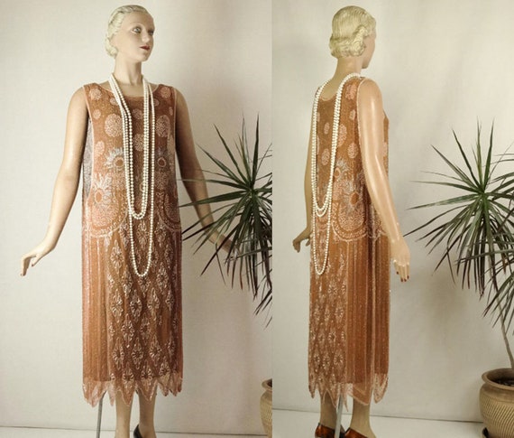 1920s Beaded Evening Dress Silk Chiffon Flapper Or