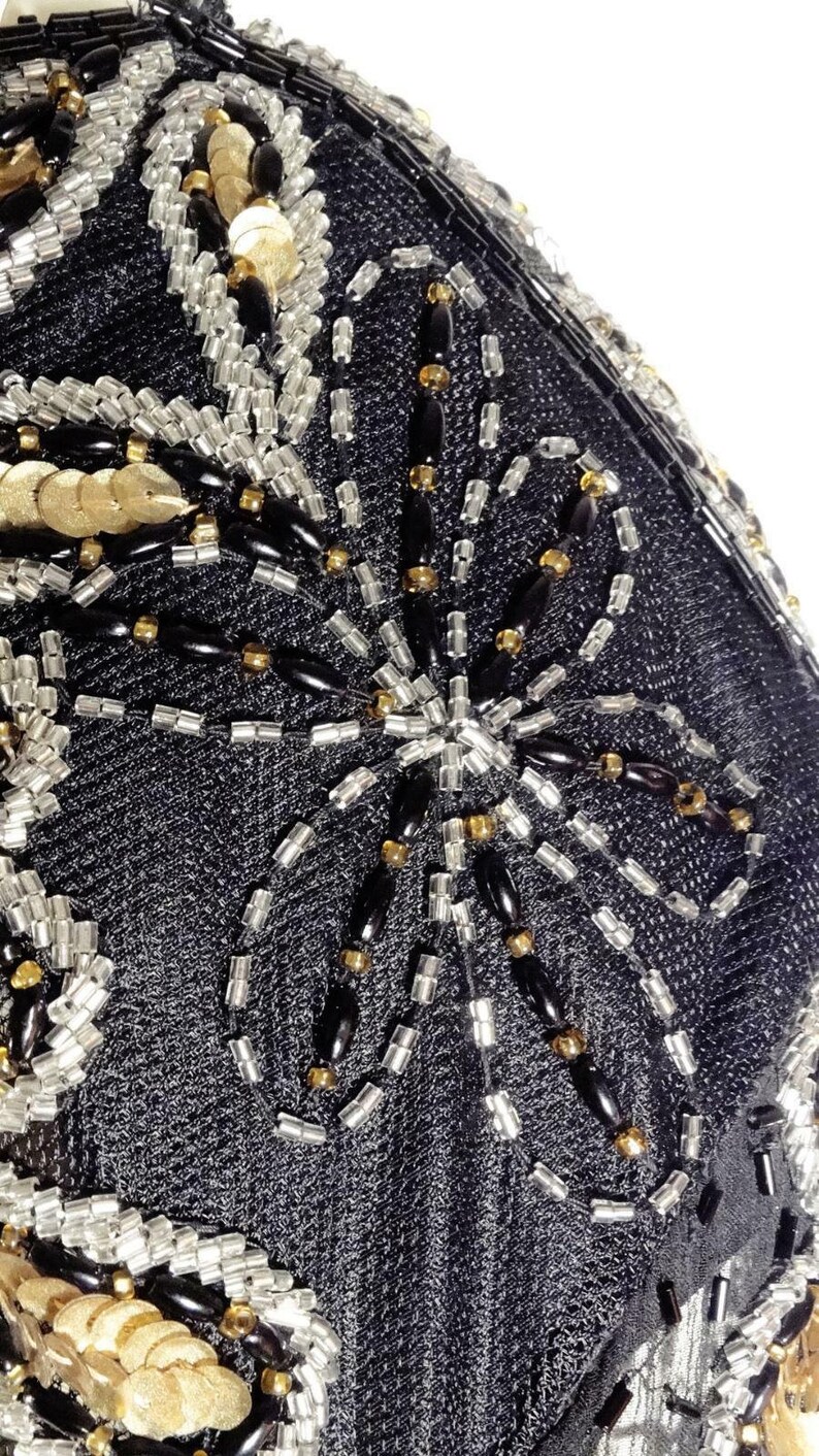 1940s Style Evening Blouse Tunic Black and Gold Silk Sequins Beads Sz 14 #1270