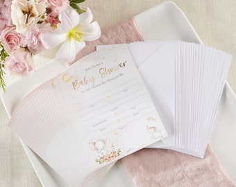 Pink Elephant Baby Shower Invitation & Thank You Card Bundle (Set of 25)