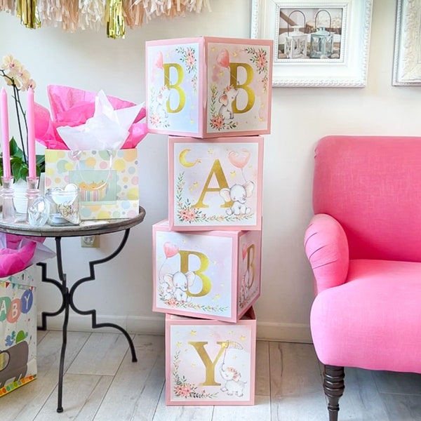 Elephant Baby Shower Pink Block DIY Boxes (Set of 4)