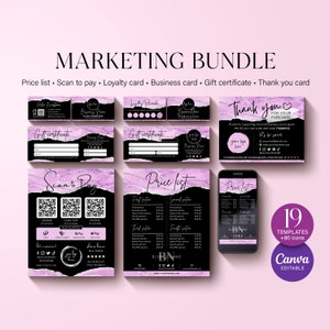Bearbeitbare druckbare Preislistenvorlage, Scan-to-Pay-Zeichen, Loyalität, Visitenkarten, Dankeskarte, Geschenkgutscheinkarte, Branding Bundle # 8