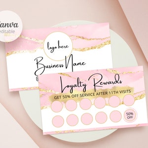 Scheda perforata stampabile, modello di carta fedeltà modificabile, modello Canva per piccole imprese, carte modificabili e stampabili, carte di design rosa #712