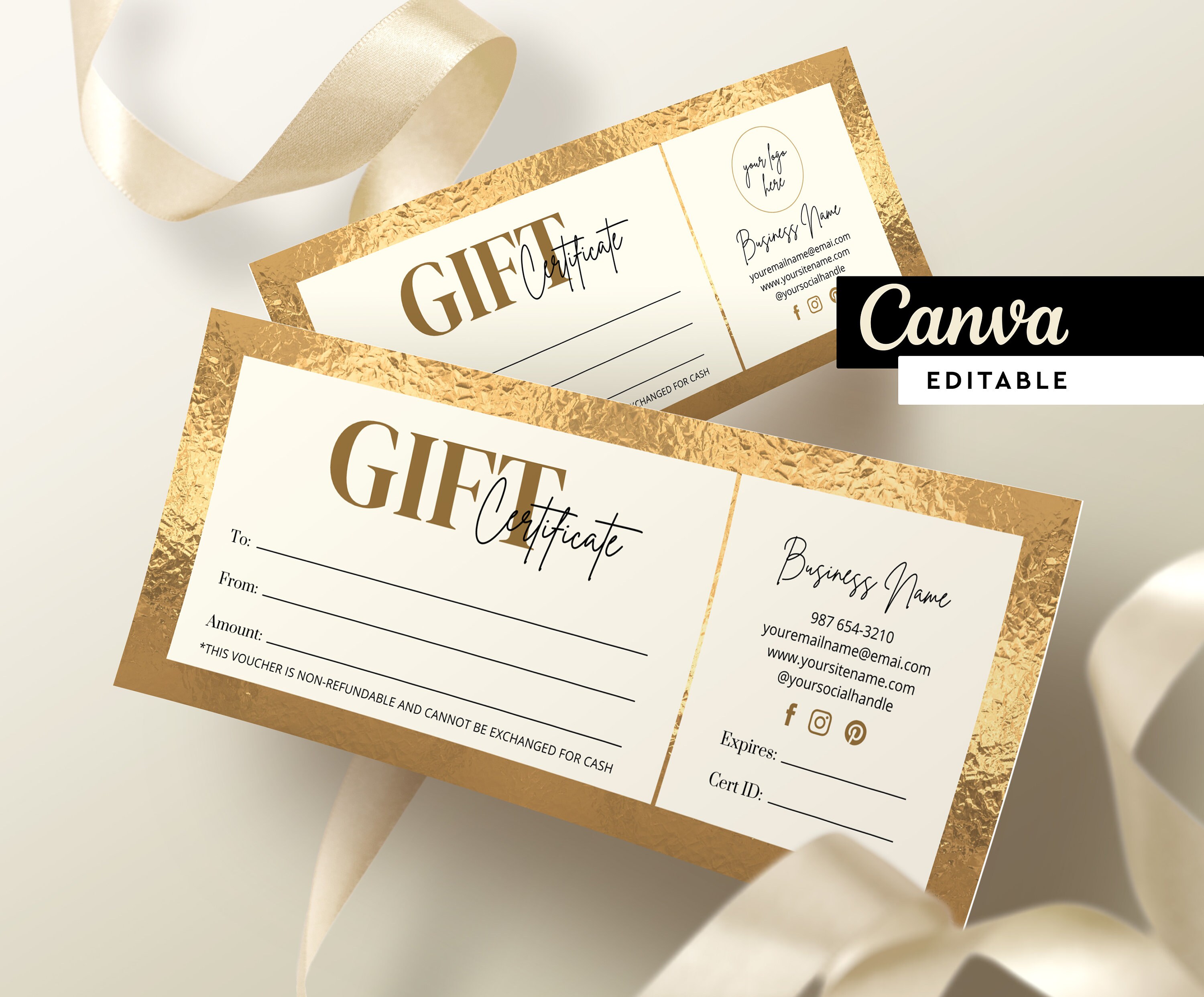 Editable Gift Certificate Template, DIY Gift Voucher, Printable & Editable Gift Certificate, Canva Template, Golden Voucher, Gift Card #14