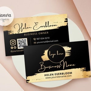 Modello per biglietti da visita oro Canva, modello per biglietti da visita con codice QR modificabile, modello per biglietti da visita Download immediato Design per biglietti da visita n.4