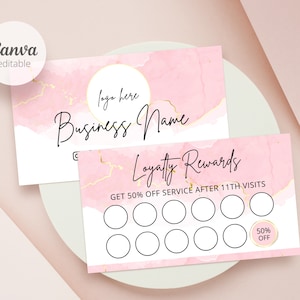 Modello di carta fedeltà modificabile Modello di carta perforata Canva, modello di biglietti da visita di piccole dimensioni Carta perforata stampabile, carte di design rosa #112