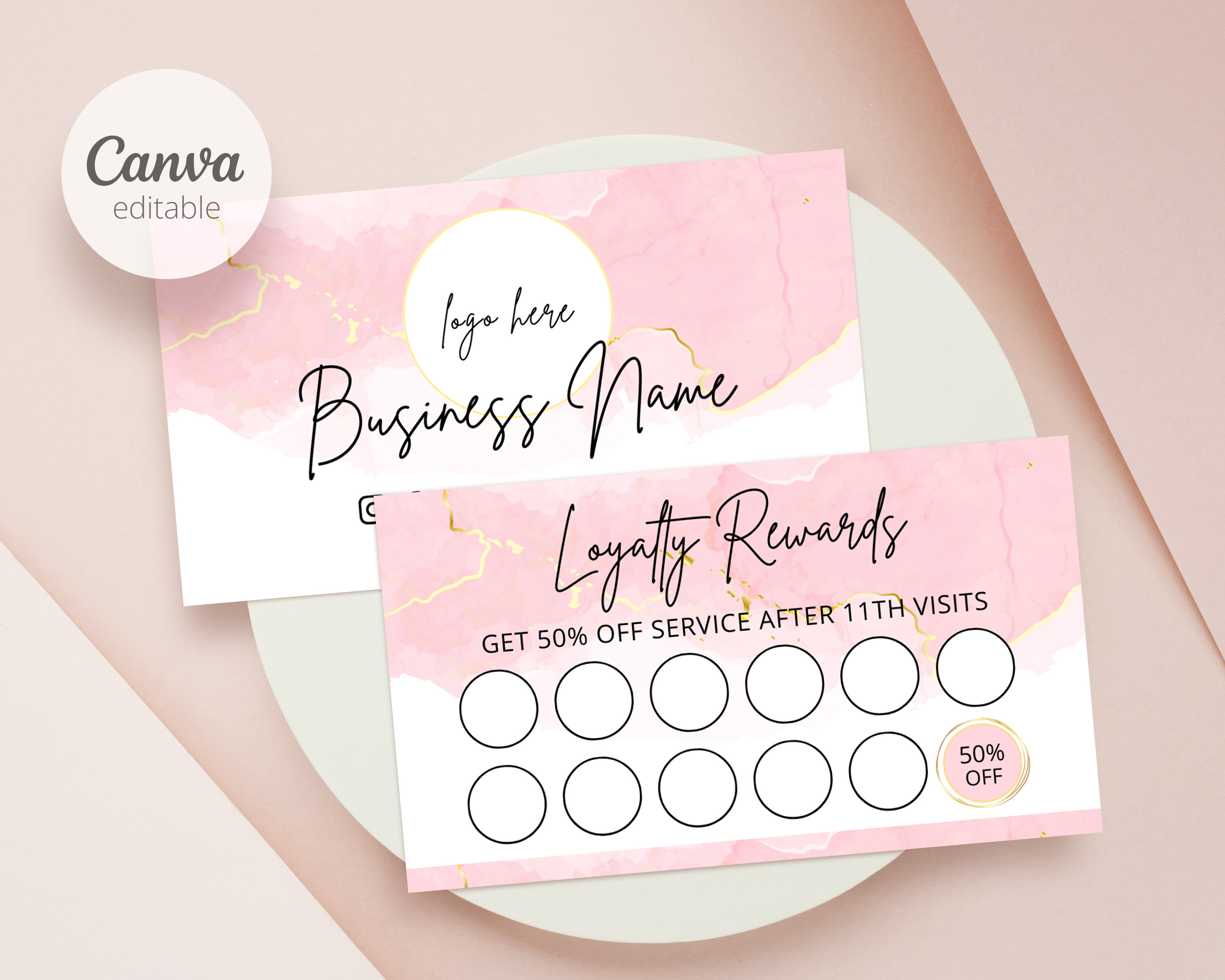 Editable Loyalty Card Template Punch Card Template Canva, Small Business Cards Template Loyalty Punch Card Printable, Pink Design Cards #112